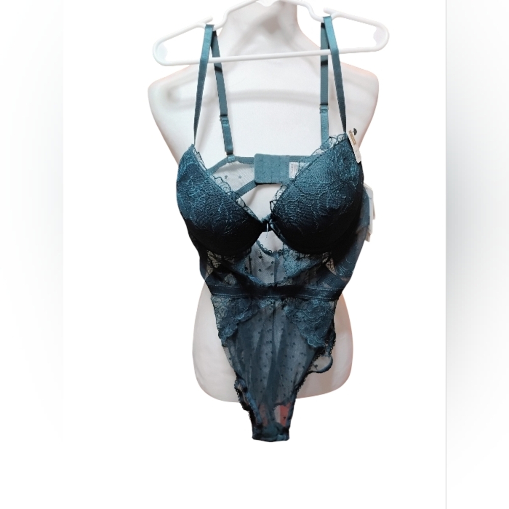Lace Mesh Bodysuit Bra - Teal Intimate Sexy NWT Large